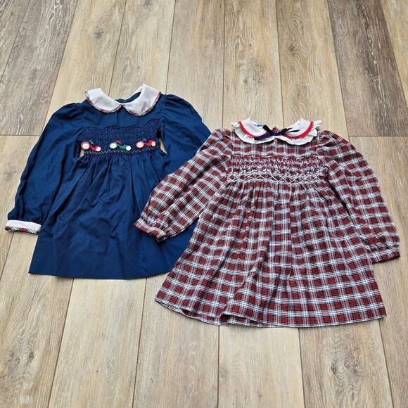 2 Polly Flinders Sweet Vintage Dresses Red Plaid Blue Tricycle Sz 3t Or Smaller - Picture 1 of 13